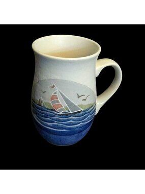 Hand-Painted Nautical Sailboat Mug 16 Oz Stoneware Otagiri Japan